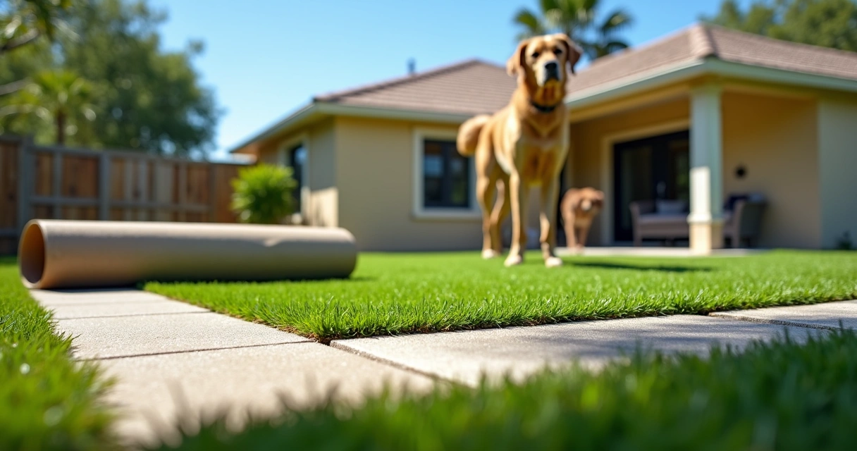 Dog lying on artificial grass during installation with visible weed barrier edge 