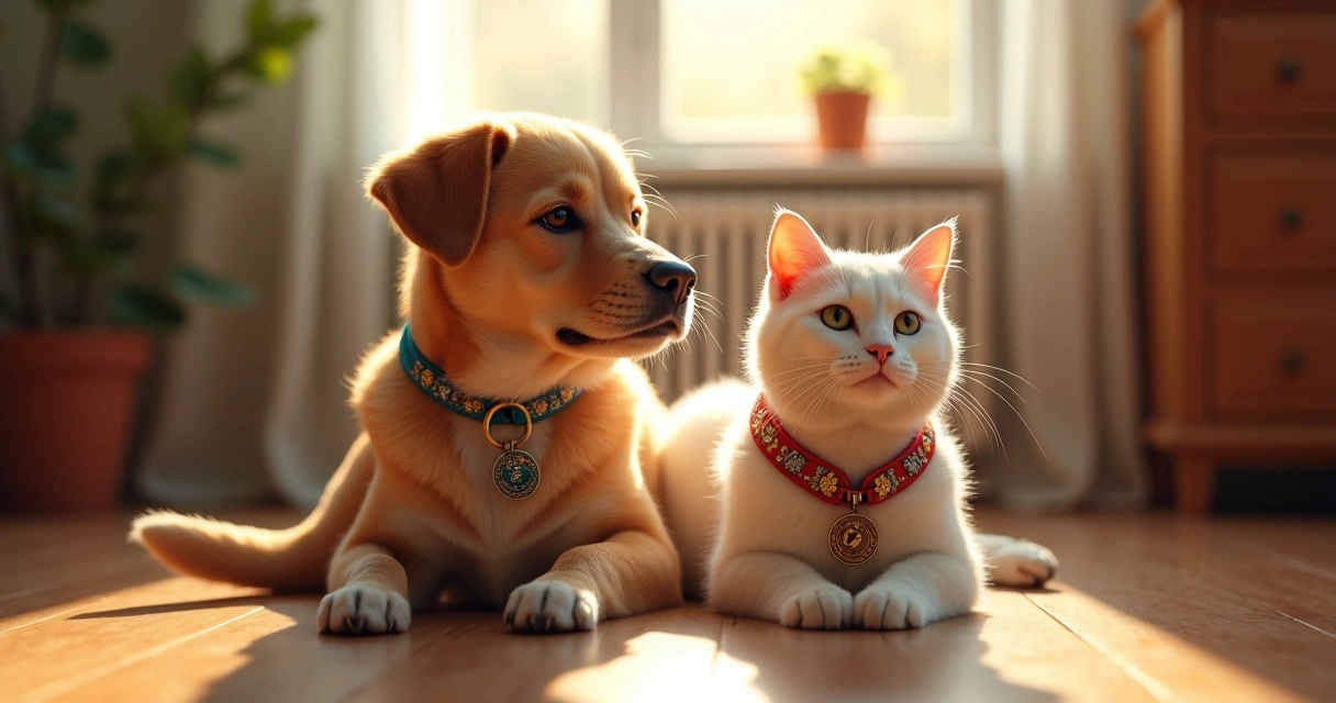 Gato e cachorro juntos usando coleiras com amuletos 