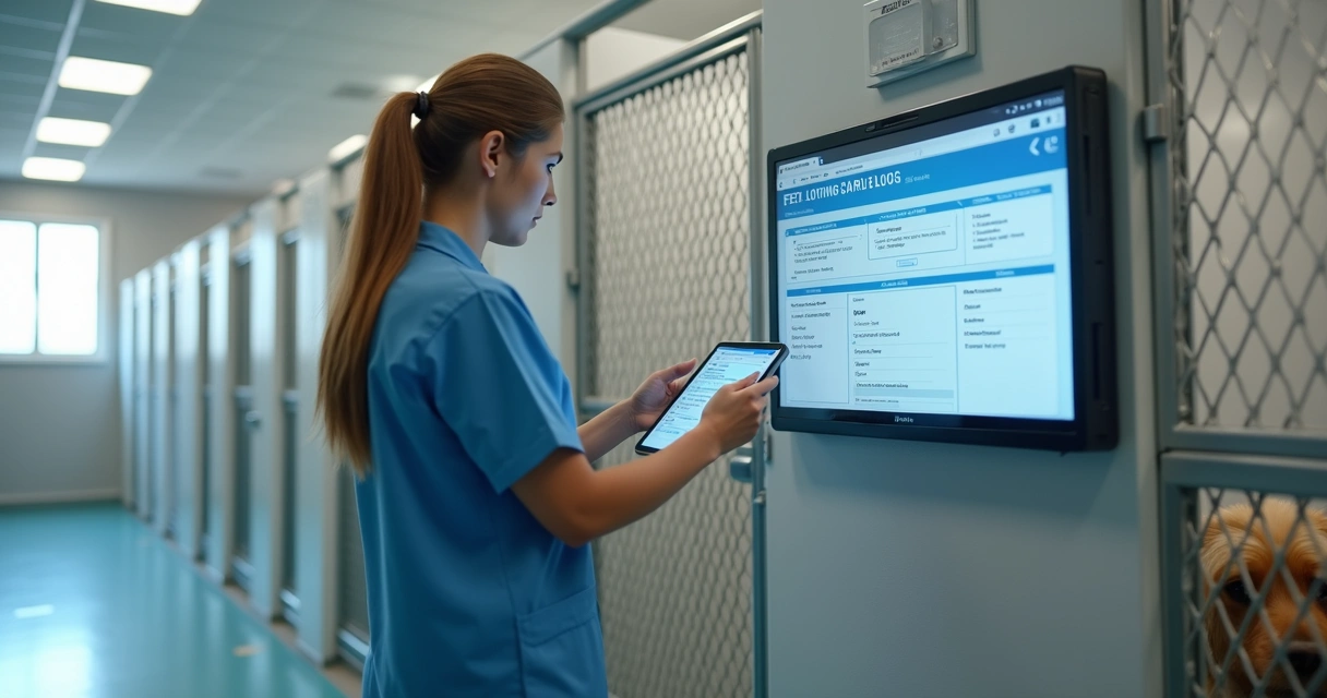 Staff reviewing digital pet care log beside a kennel