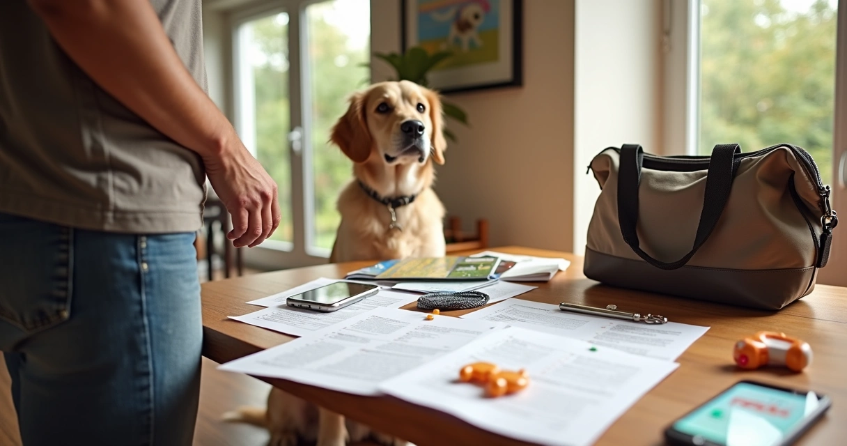 Pet owner checking off items before pet boarding 