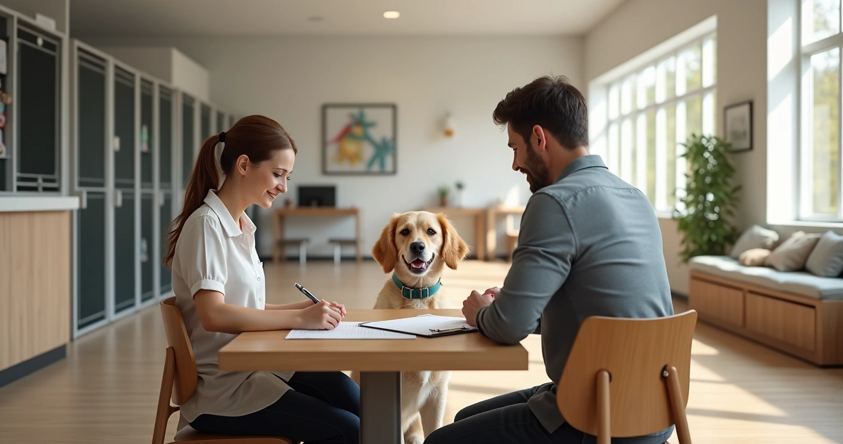 Person reviewing pet boarding contract with a dog in a comfortable boarding facility 