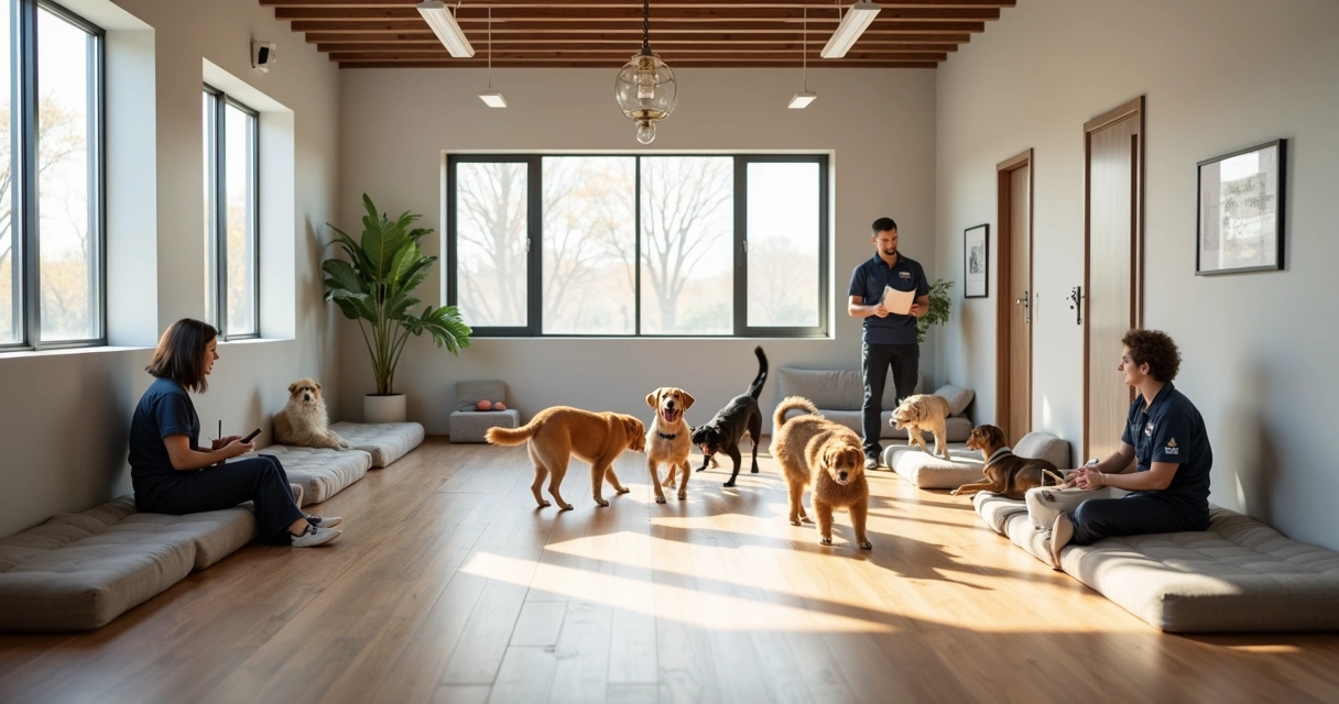 Dog boarding facility staff watching over dogs in a spacious indoor play area 