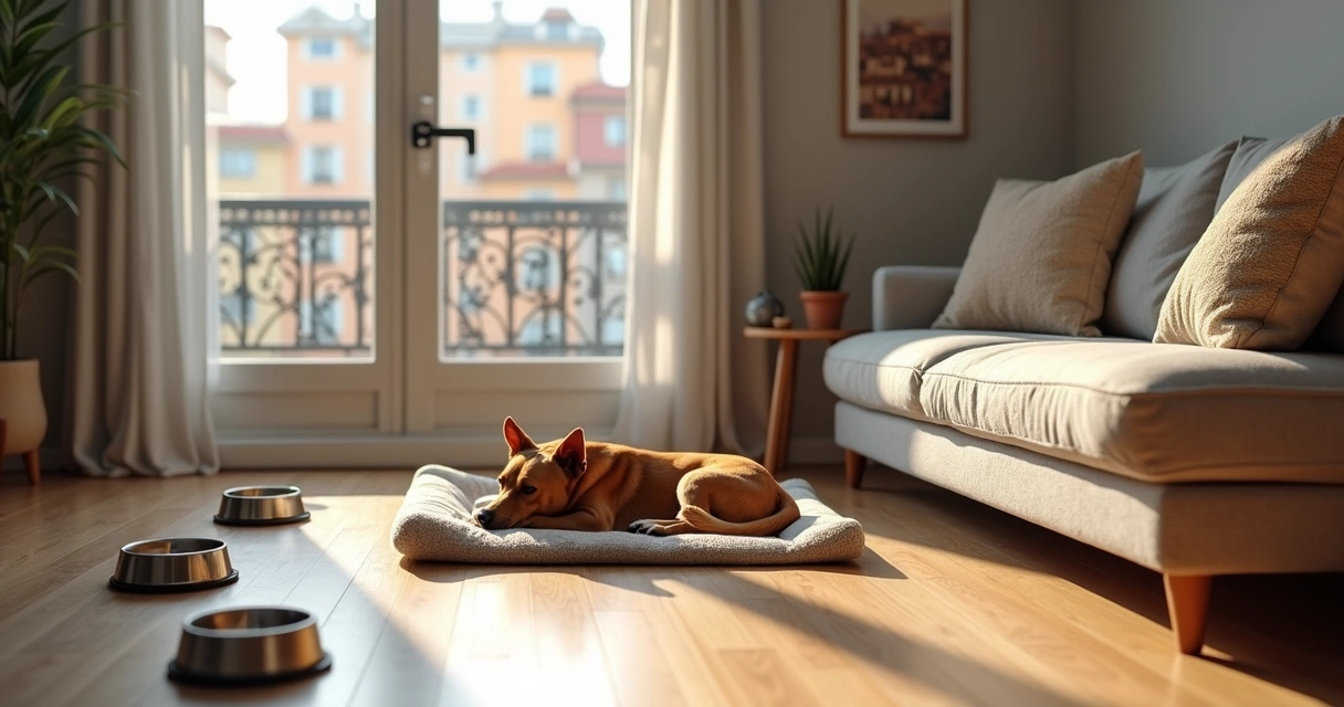 Cão relaxado em sala acolhedora de pet boarding familiar no Porto 