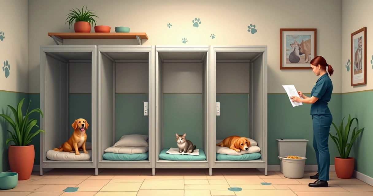 Well-lit pet boarding suites with happy dogs in comfortable beds and colorful toys