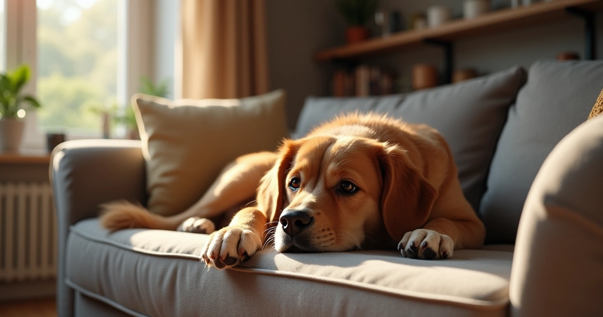 Dog lying on couch in living room with pet camera on shelf 