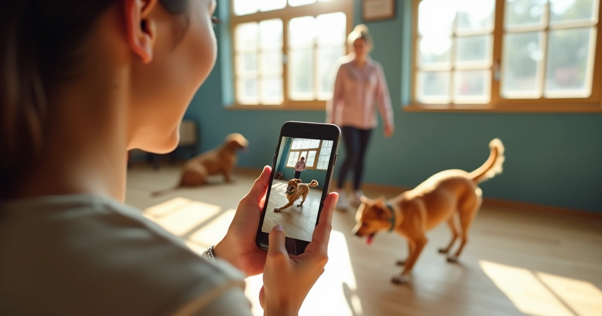 Pet owner receiving update about dog via phone at a boarding facility