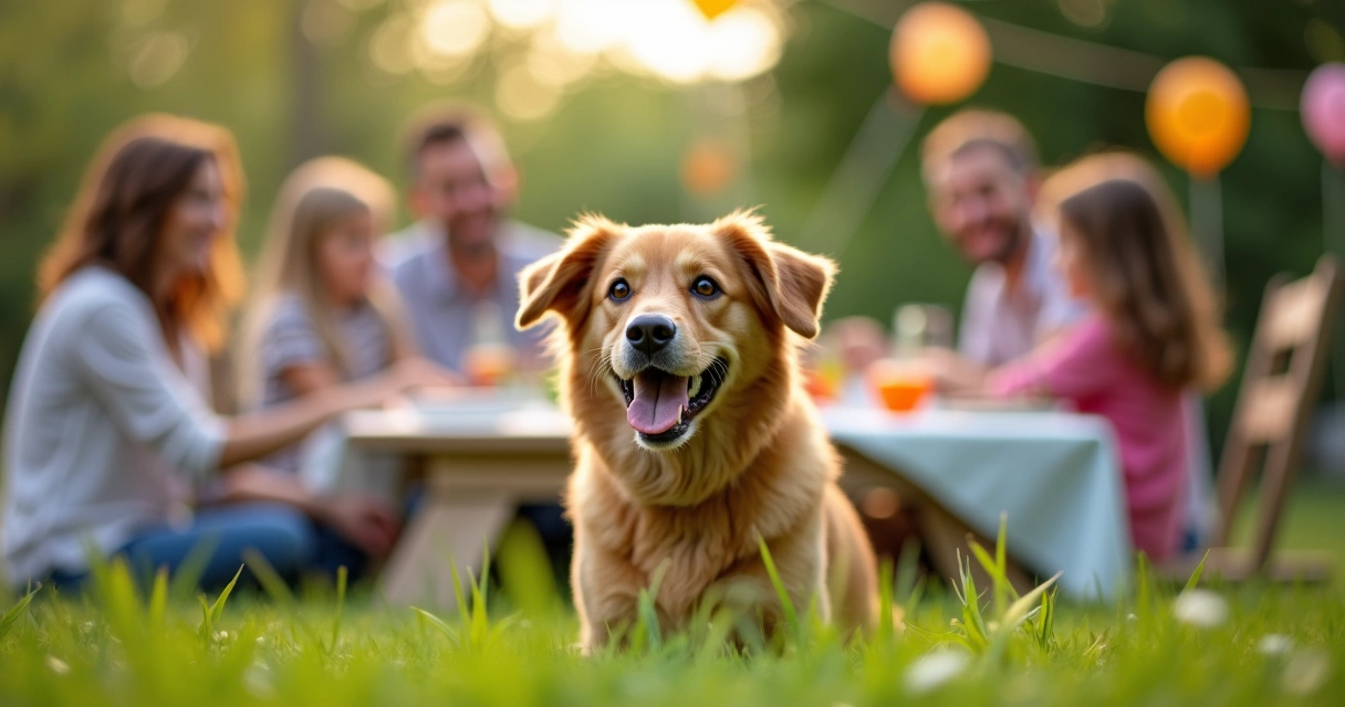 Cachorro feliz ao lado de família em festa ao ar livre 