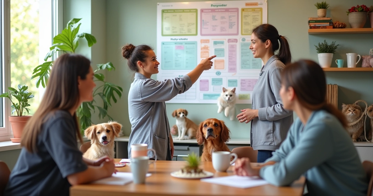 Equipe de creche pet reunida planejando a semana 