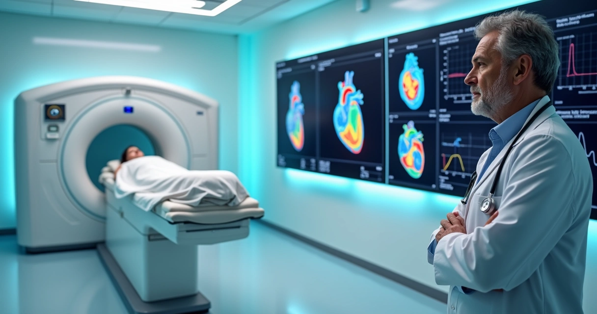 Exame de PET CT mostrando as pessoas de costas e sem mostrar rosto do paciente. Pode ter algum detalhe de coração ou eletrocardiograma.