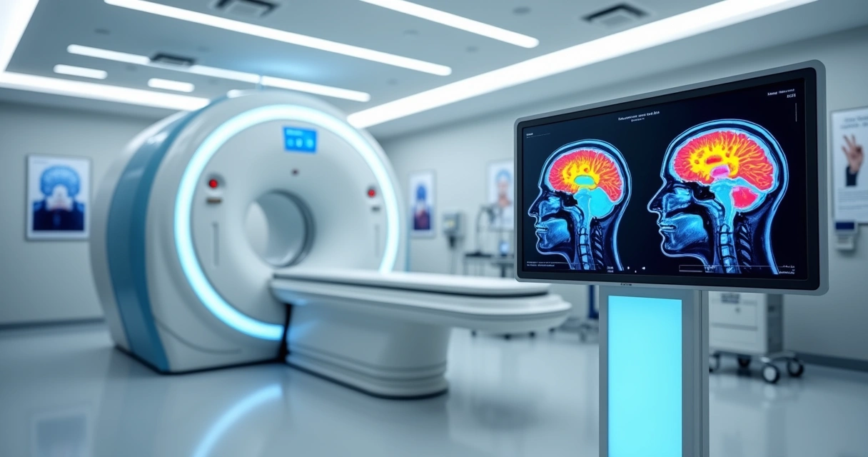 Máquina moderna de PET-CT com imagem cerebral colorida exibida em monitor alta resolução 