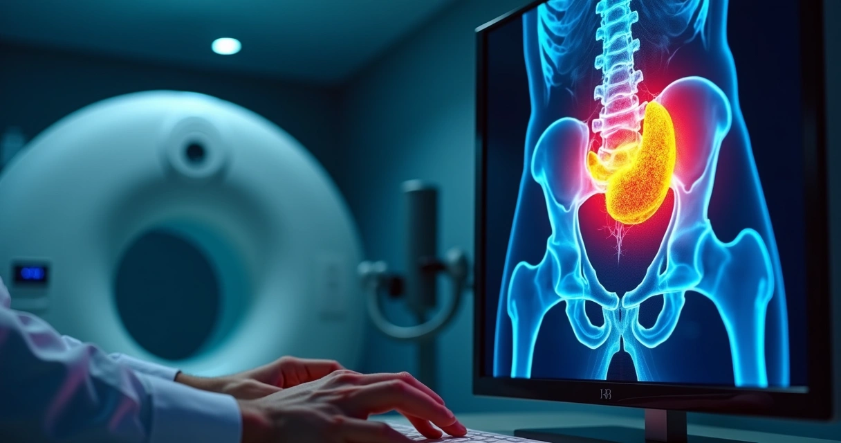 Imagem PET-CT mostrando escaneamento detalhado da próstata com realce colorido do radiofármaco em corpo masculino 