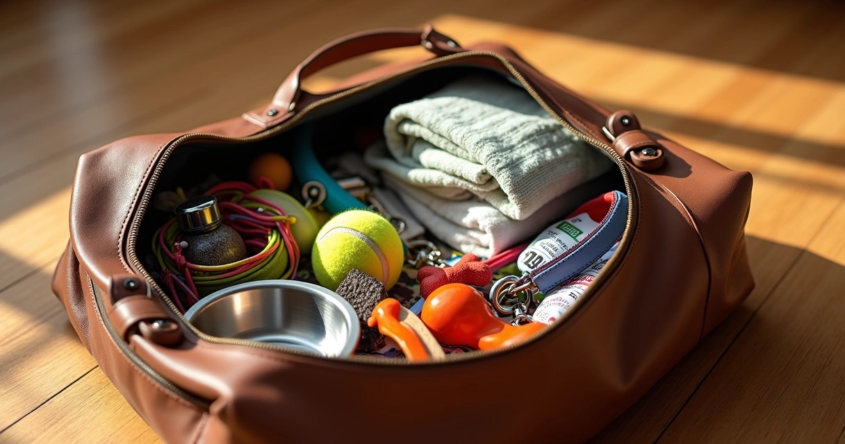 Open pet bag with dog leash, food bowl, toys, and grooming tools on wooden floor