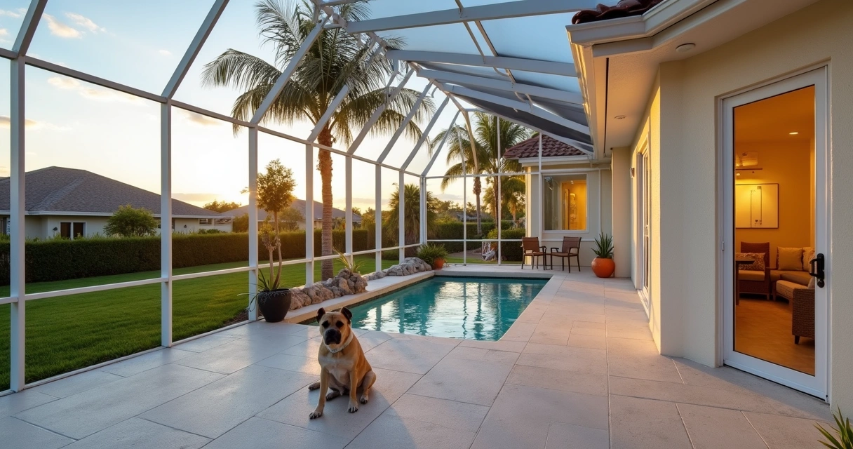 Dog sitting inside a pet-friendly pool screen enclosure in Florida 