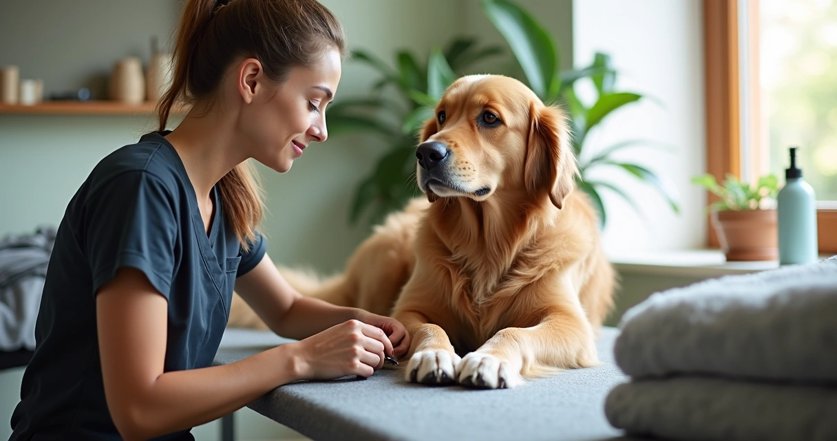 Groomer gently trimming the paws of a relaxed golden retriever 