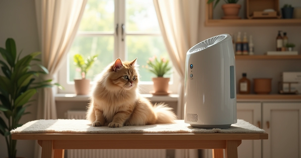Cat being groomed in a room with a visible air purifier and open window.