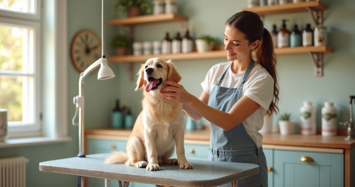 Groomer brushing a dog on a raised table with various pet supplements on shelves behind 