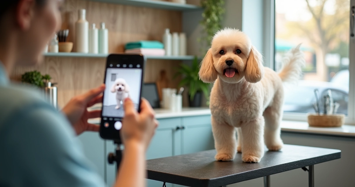 Pet grooming salon creating social content with a dog on a grooming table