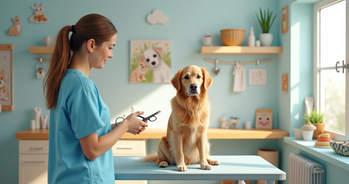 Dog sitting calmly on grooming table with groomer ready to begin.