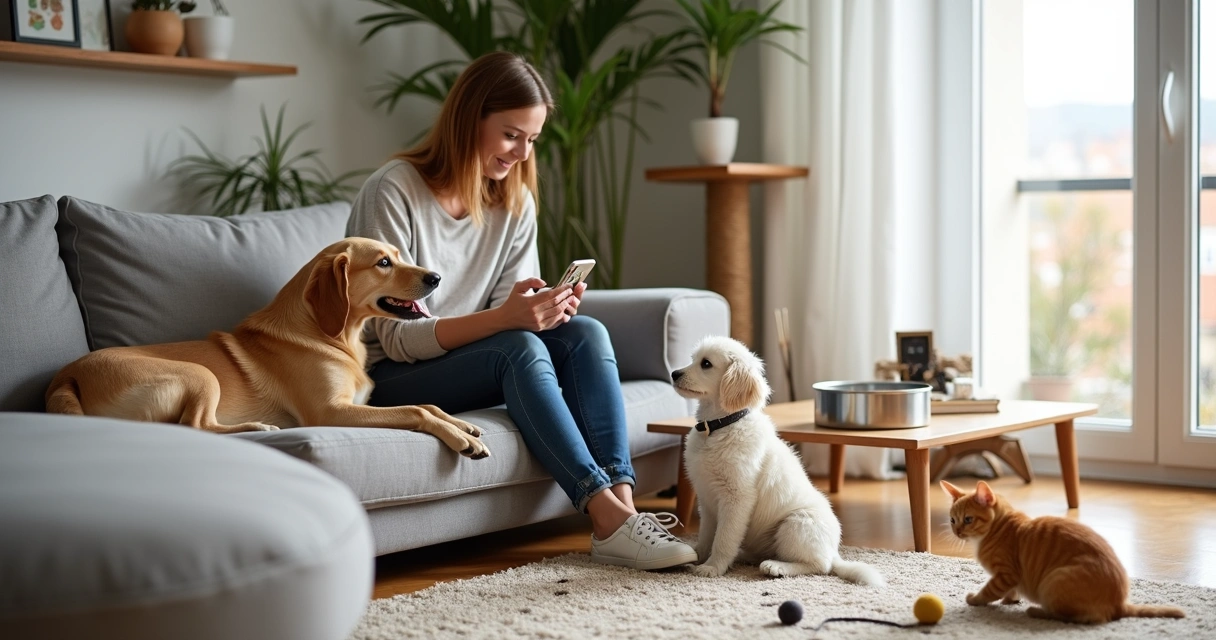 Cão relaxado no sofá ao lado de uma petsitter em ambiente familiar no Porto 