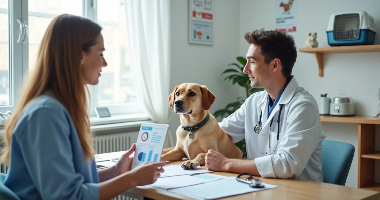 Dog owner reviewing pet insurance documents with veterinarian and happy dog 