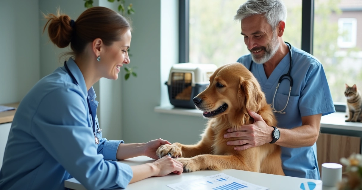 Veterinarian examining a dog in a bright clinic room