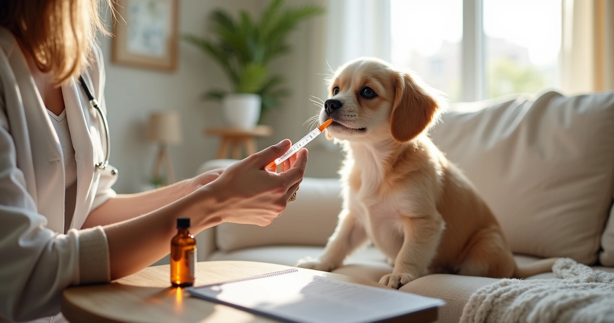 Tutor administrando medicação líquida para cachorro pequeno 