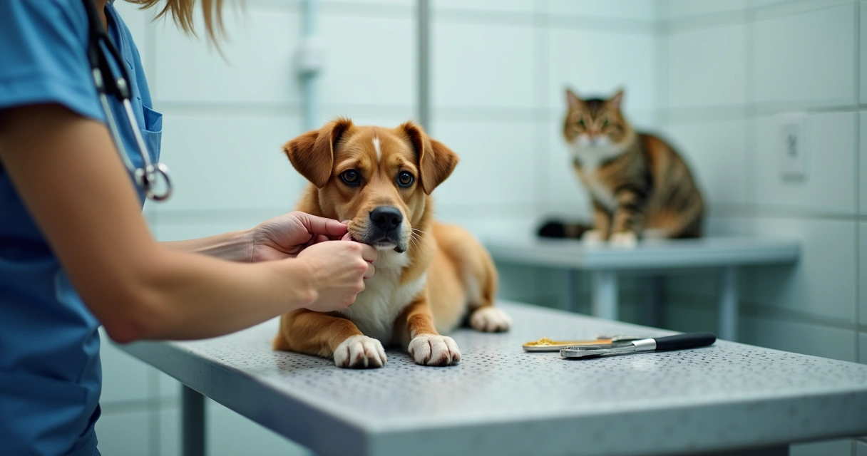 A staff member giving medicine to a dog during grooming