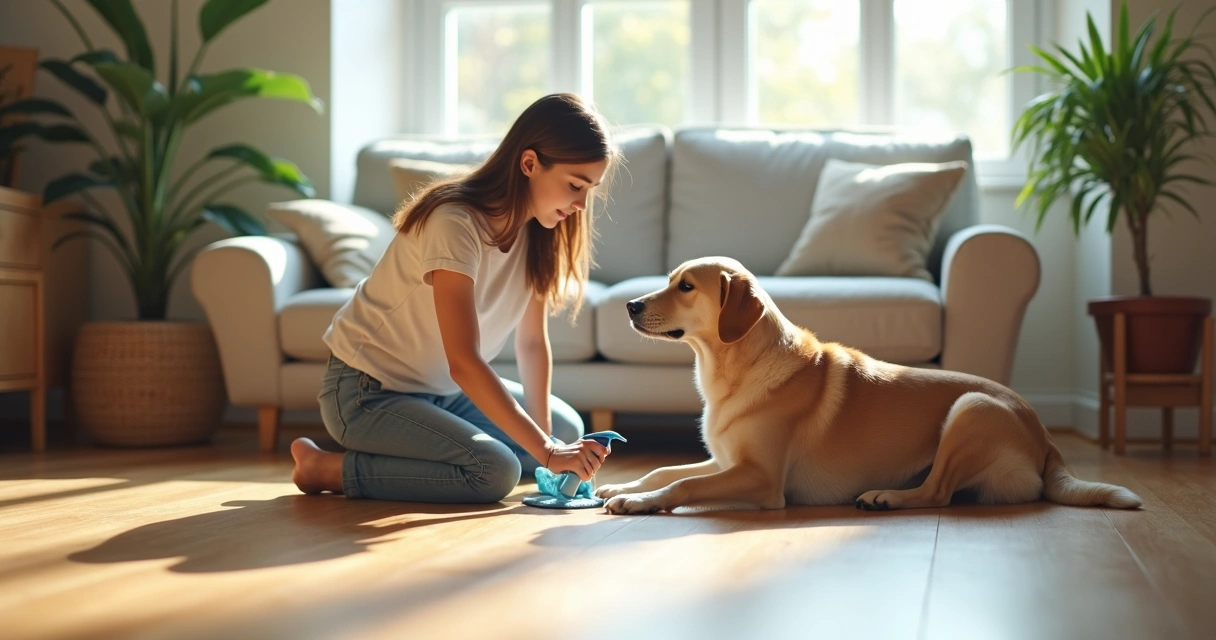 Jovem limpando área interna de apartamento com cachorro ao lado 