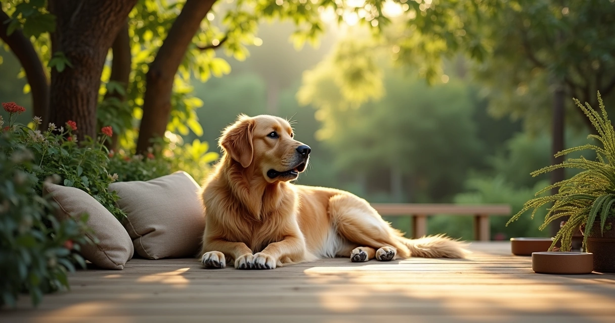 Cachorro deitado relaxando em deck de madeira ao ar livre em meio à natureza