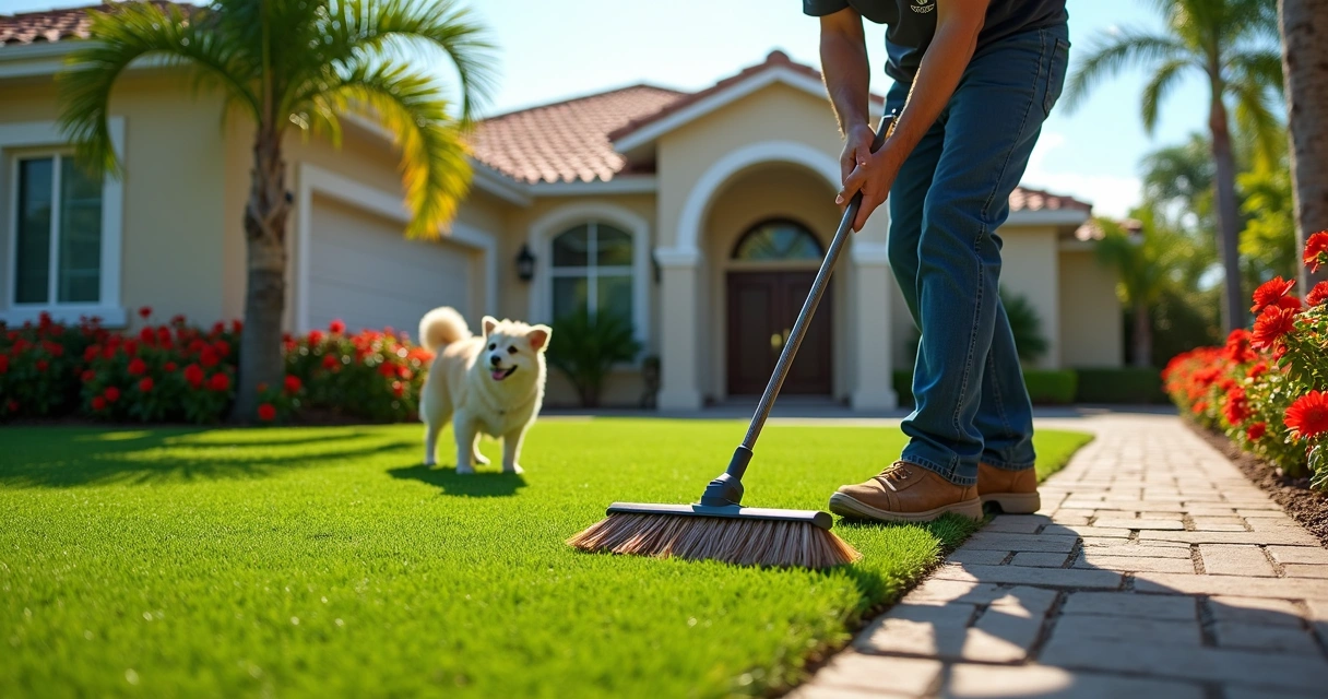 Maintenance worker brushing artificial turf with flowers and pavers nearby 