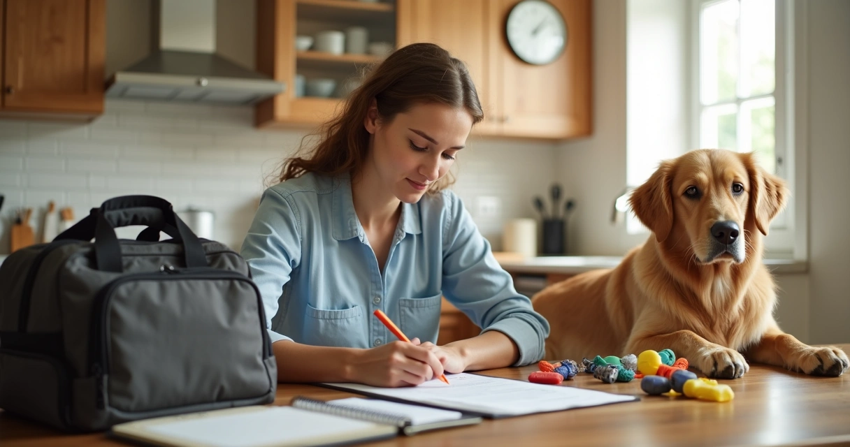 Pet owner packing dog food, medication, and toys into a bag next to a calm dog and a checklist on the table