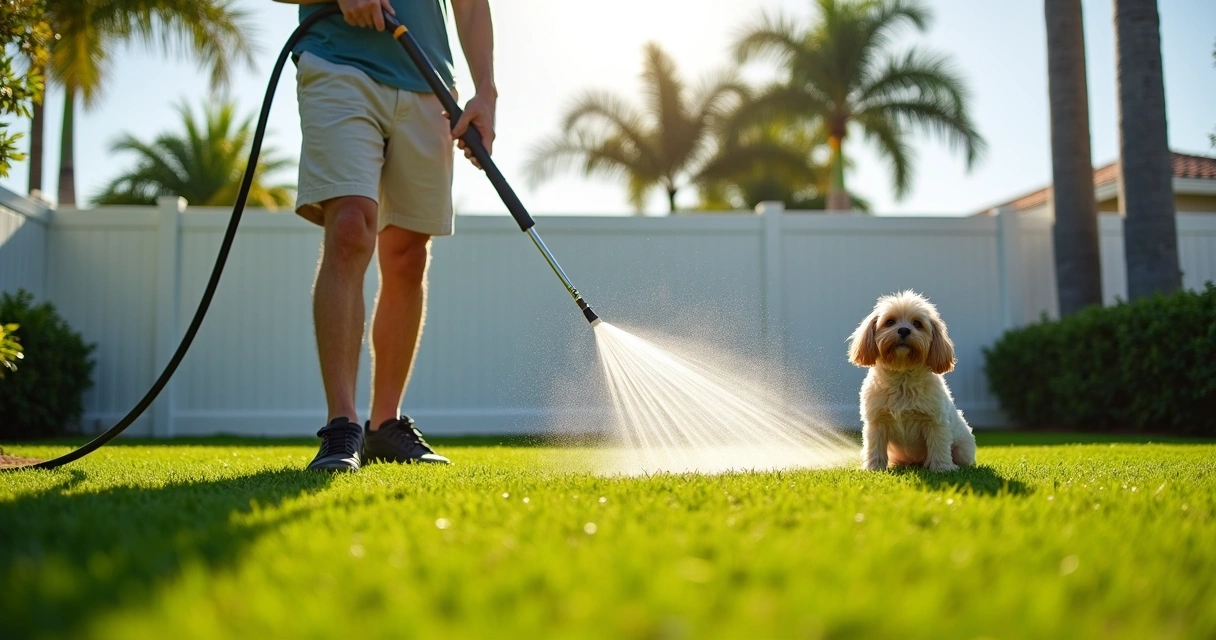 Person cleaning artificial grass with hose 