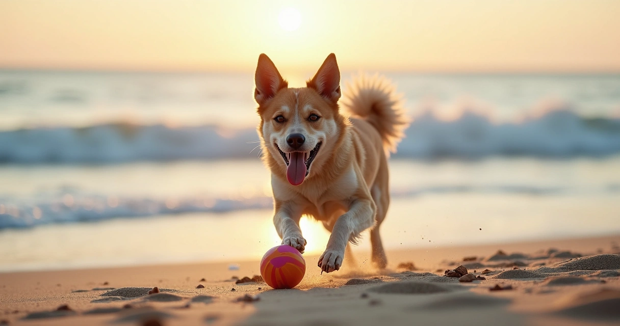 Cão brincando com bolinha na areia da praia, mar ao fundo 