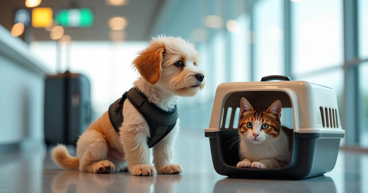 Cachorro e gato preparados para viagem internacional com coleiras e caixas de transporte em ambiente de aeroporto 