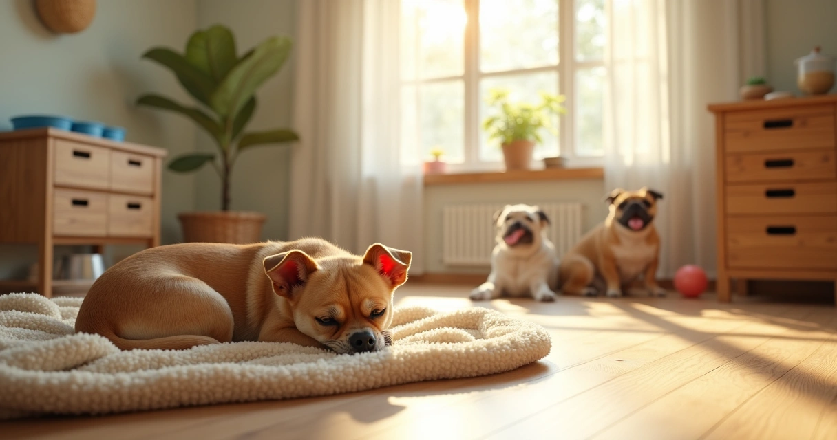 Dog relaxing on blanket in daycare group