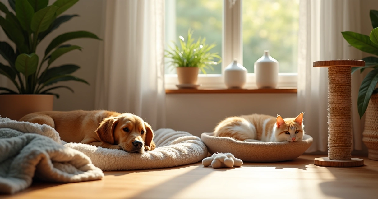 Pet relaxing in a private quiet corner with toys 