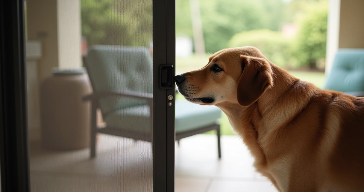 Dog looking through pet-resistant mesh screen door