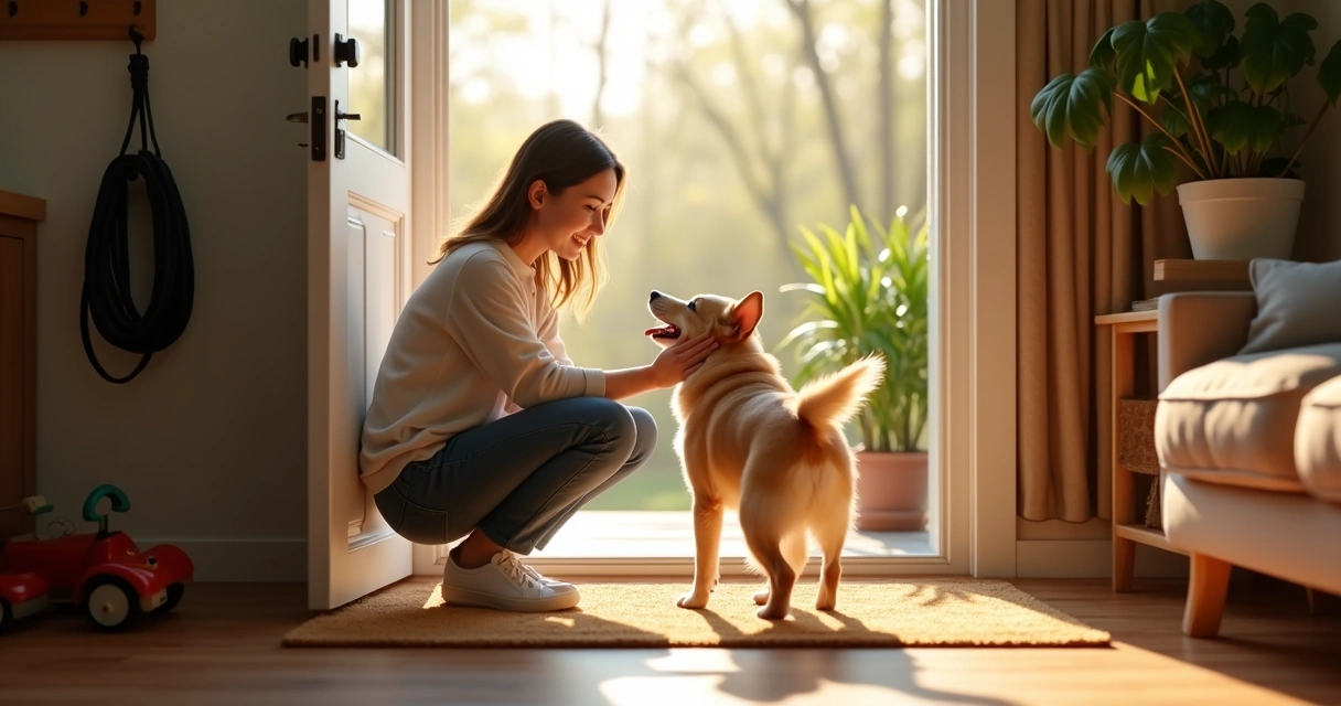 Dog happily entering home with owner welcoming it at the door 
