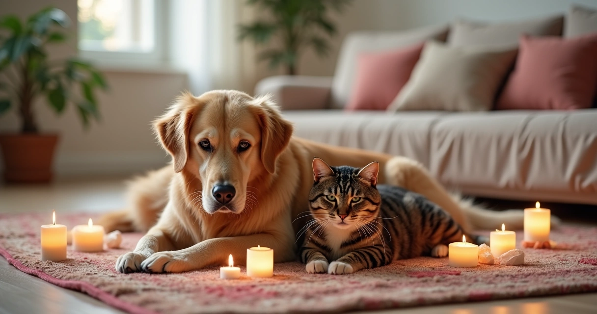 Cão deitado em tapete com velas e cristais ao redor 
