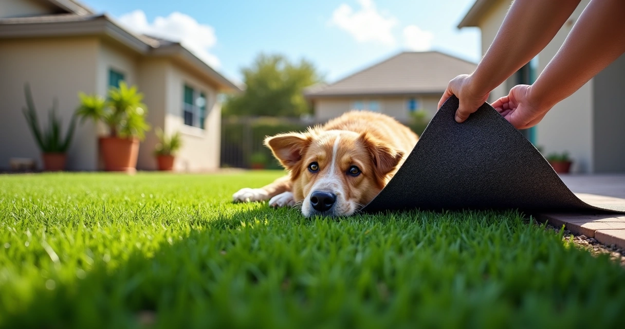 Dog on artificial grass while owner lifts a corner to show weed barrier layer beneath 