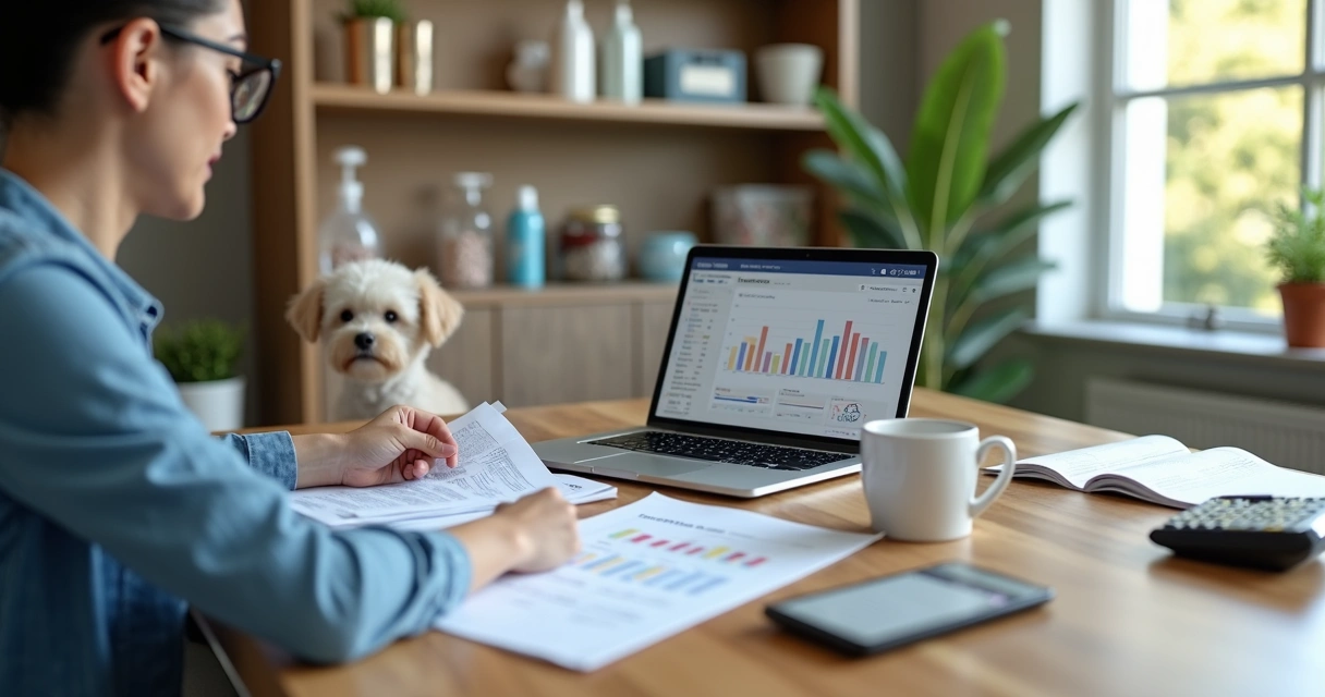 Pet salon manager reviewing budget reports at a desk