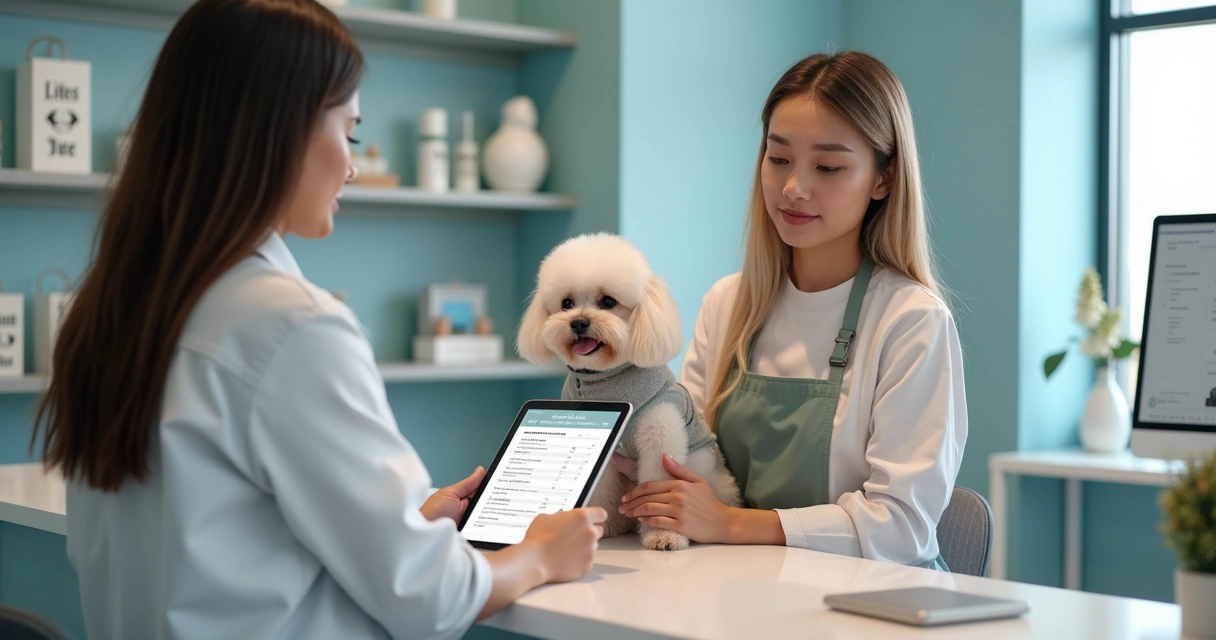 Salon receptionist showing a membership plan to a pet owner at check-in