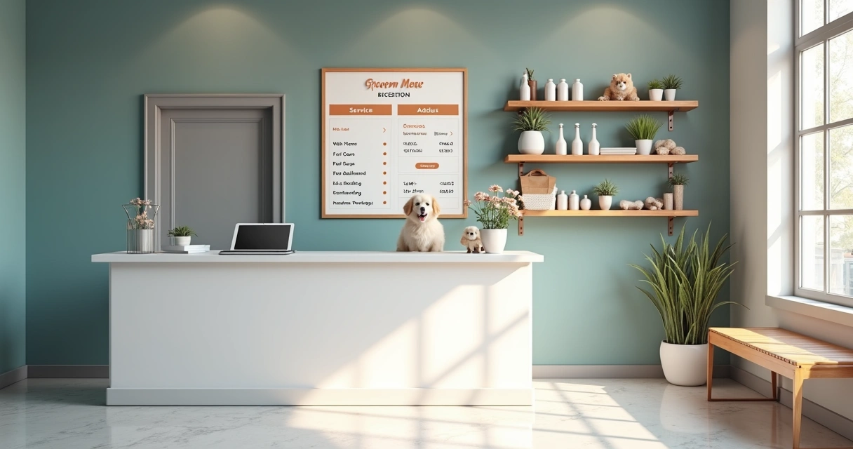 Pet salon reception with service menu and price board