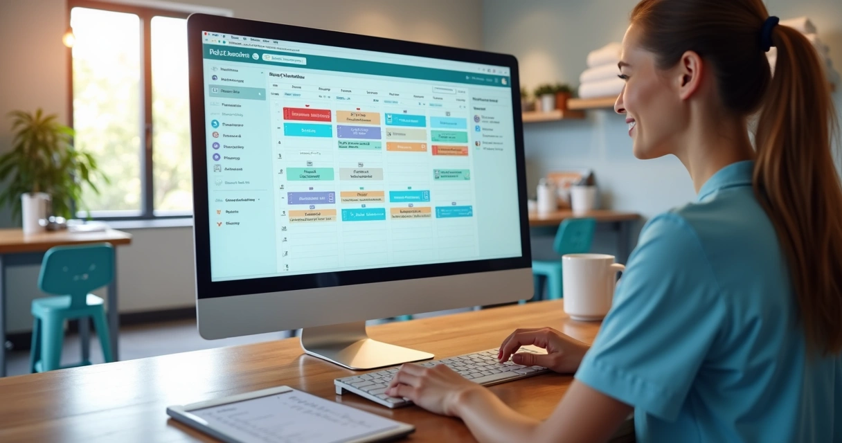 Pet salon manager reviewing scheduling dashboard and daily bookings