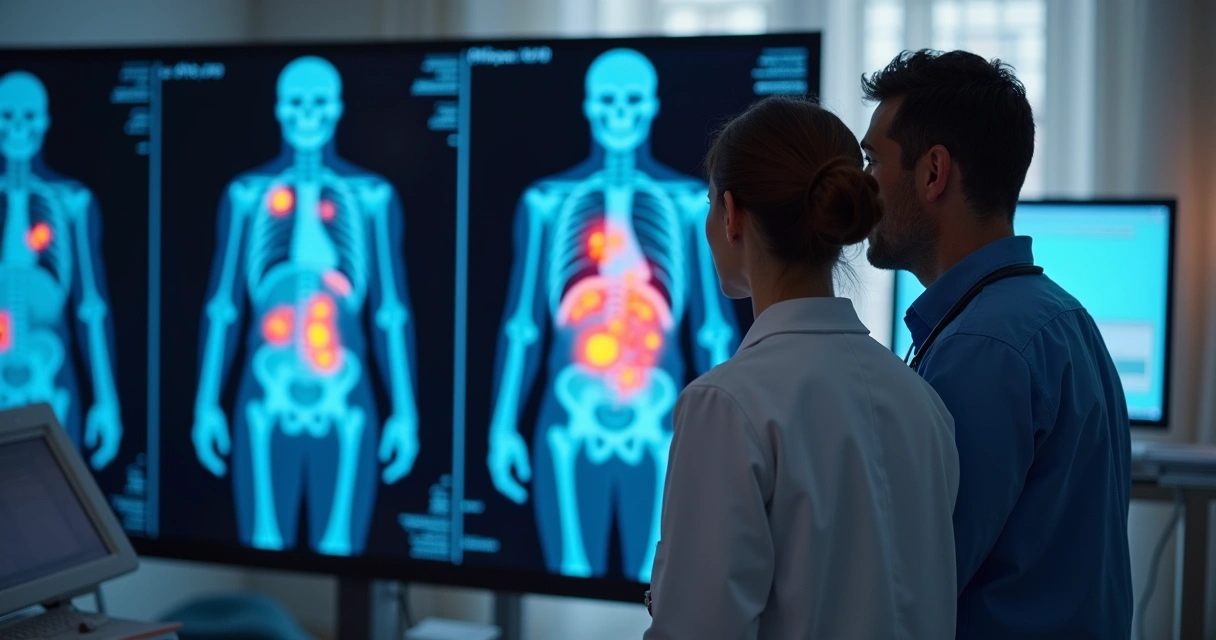 Imagem de PET scan colorida mostrando áreas do corpo com concentração de radiação