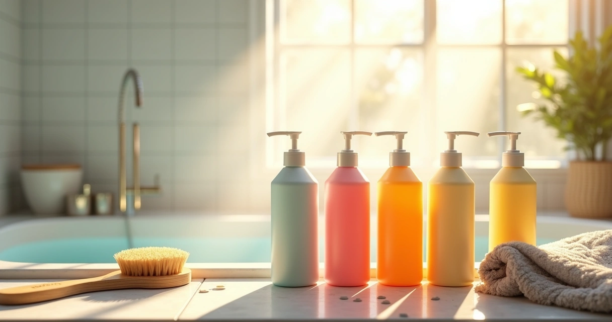 Several pet shampoo bottles on a bathroom counter near a tub.