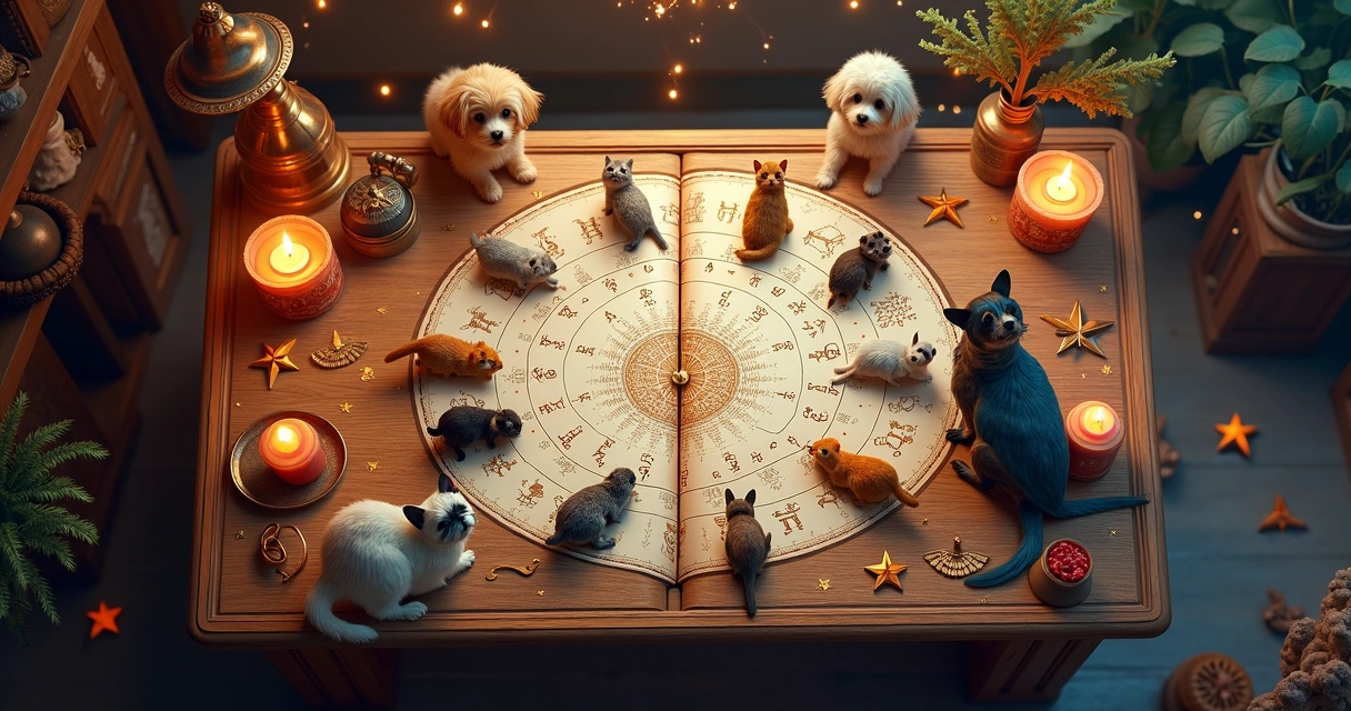 Círculo dos signos astrológicos com animais de estimação ao redor 