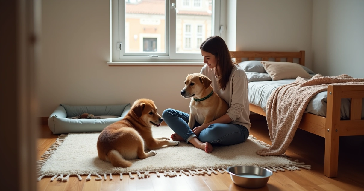 Pet sitter sentado no chão a brincar com dois cães num quarto acolhedor sem jaulas 