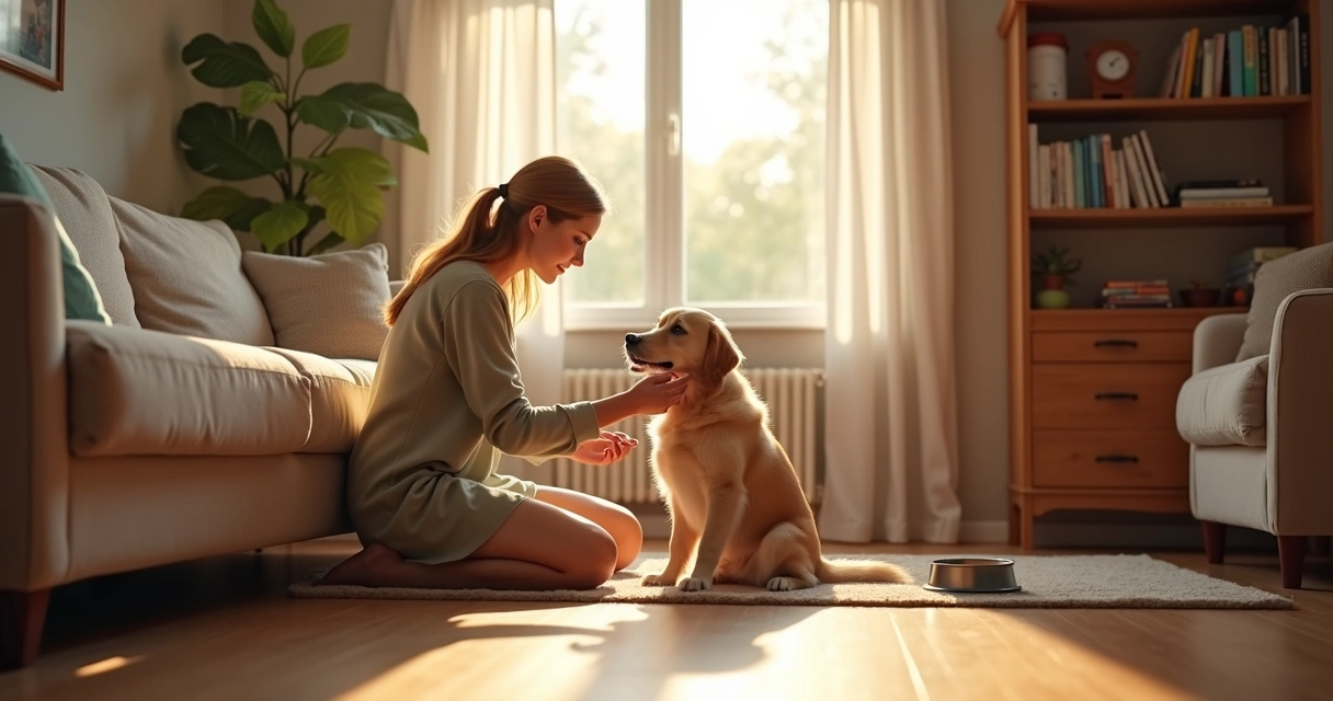 Pet sitter visiting a dog at home 