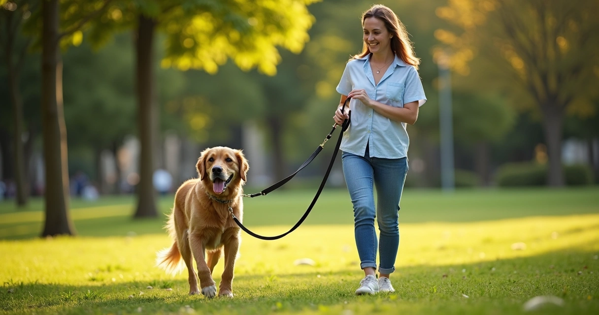 Pet sitter a passear um cão com trela num parque verde 